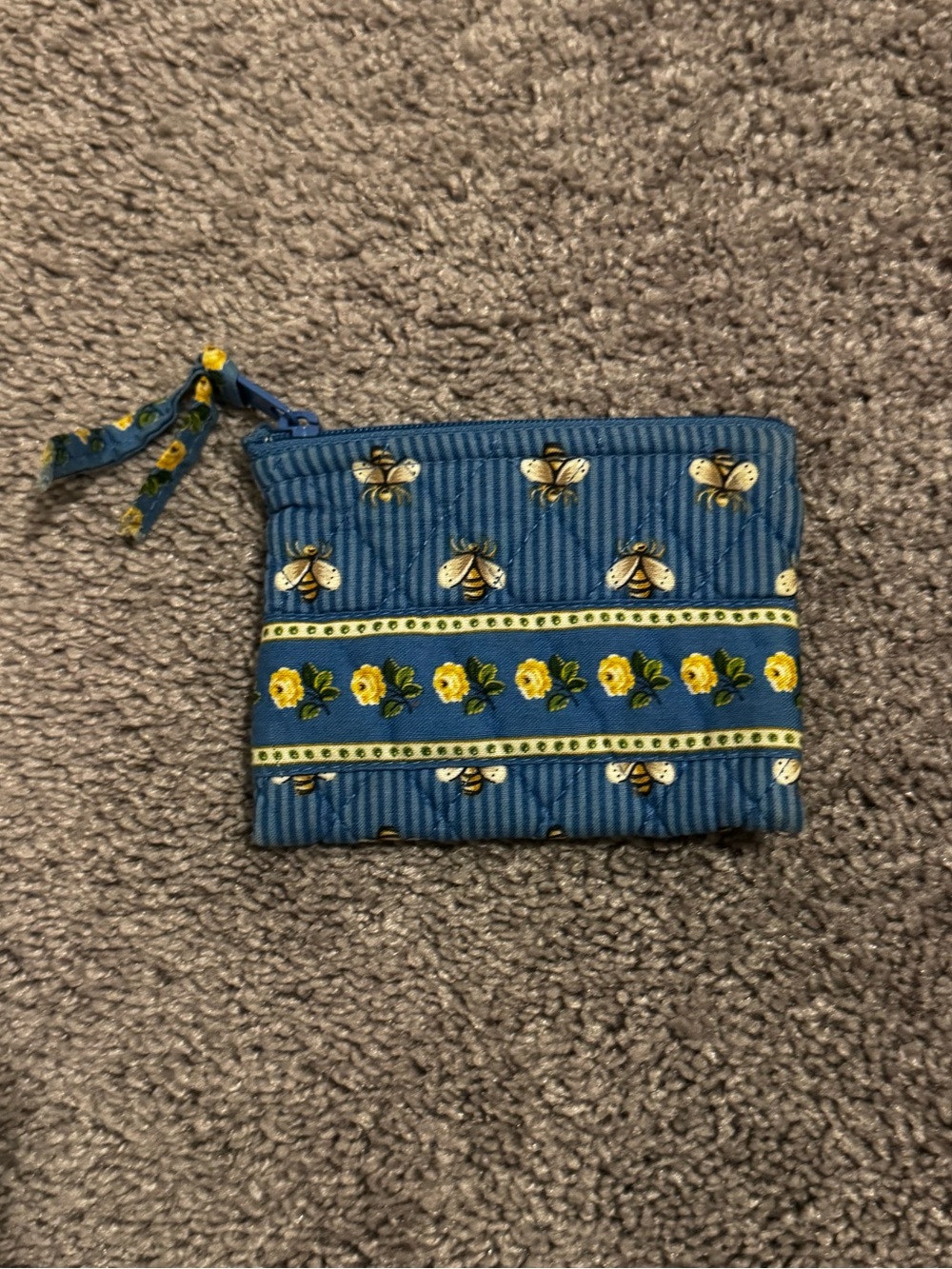 Vera Bradley Blue Quilted Coin Pouch with Yellow Bee & Floral Print